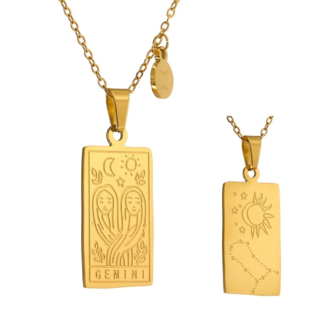 NEW 18K Gold Plated Gemini Sign Zodiac Tarot Card Square Pendant Ne…